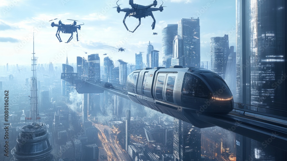 A monorail train moving through a futuristic city skyline, with metallic skyscrapers and flying drones in the air. A monorail train moving through a futuristic city skyline, with metallic skyscrapers and flying drones in the air.