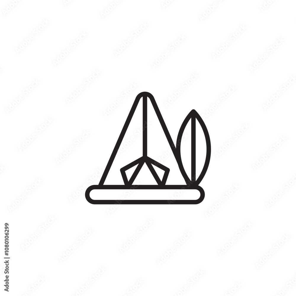 Simple line drawing of a tent and surfboard on icon. A symbol of outdoor adventure, camping, and nature. Editable icon. Simple line drawing of a tent and surfboard on icon. A symbol of outdoor adventure, camping, and nature. Editable icon.