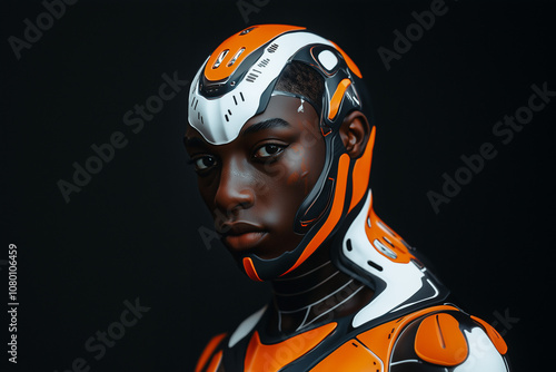 A portrait of a cyborg with African descent in an Orange, white and black suit