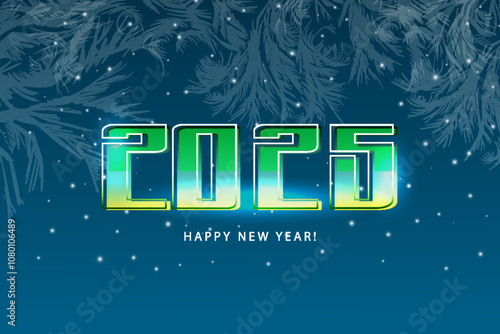 A festive postcard with a Happy New Year 2025 and bright typography on a blue background with frosty patterns with sparks. The logo for the new year2025.Vector