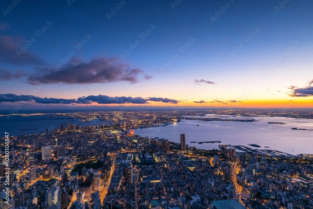 Fototapeta premium Breathtaking Aerial View of the Vibrant Cityscape at Sunset Background