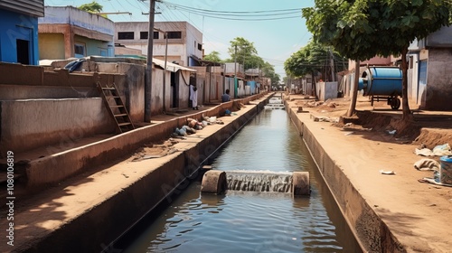 A narrow canal flows through a residential area, lined with simple buildings.