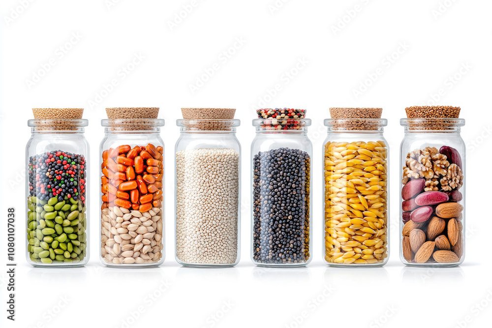 A row of six glass jars with cork lids, filled with different grains and seeds. A row of six glass jars with cork lids, filled with different grains and seeds.
