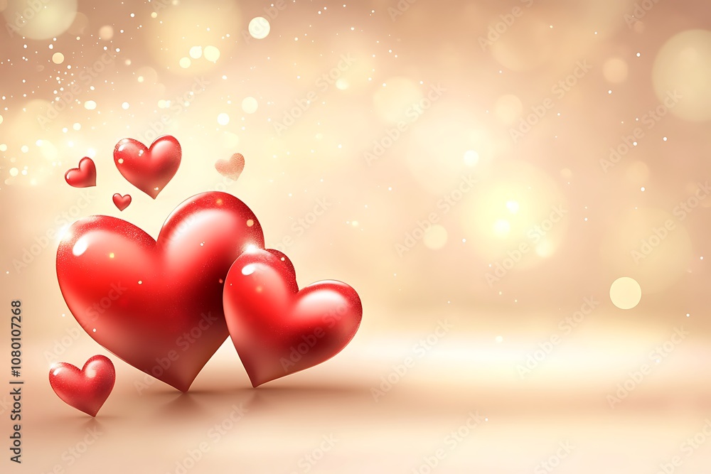 Blurred red hearts on a light beige background with soft glowing accents. Blurred red hearts on a light beige background with soft glowing accents.