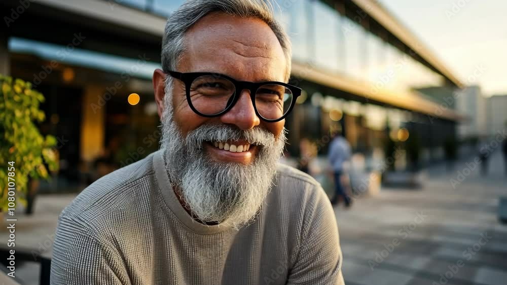 A man with a beard and glasses is sitting on a bench outside a building. He is smiling and wearing a white sweater A man with a beard and glasses is sitting on a bench outside a building. He is smiling and wearing a white sweater