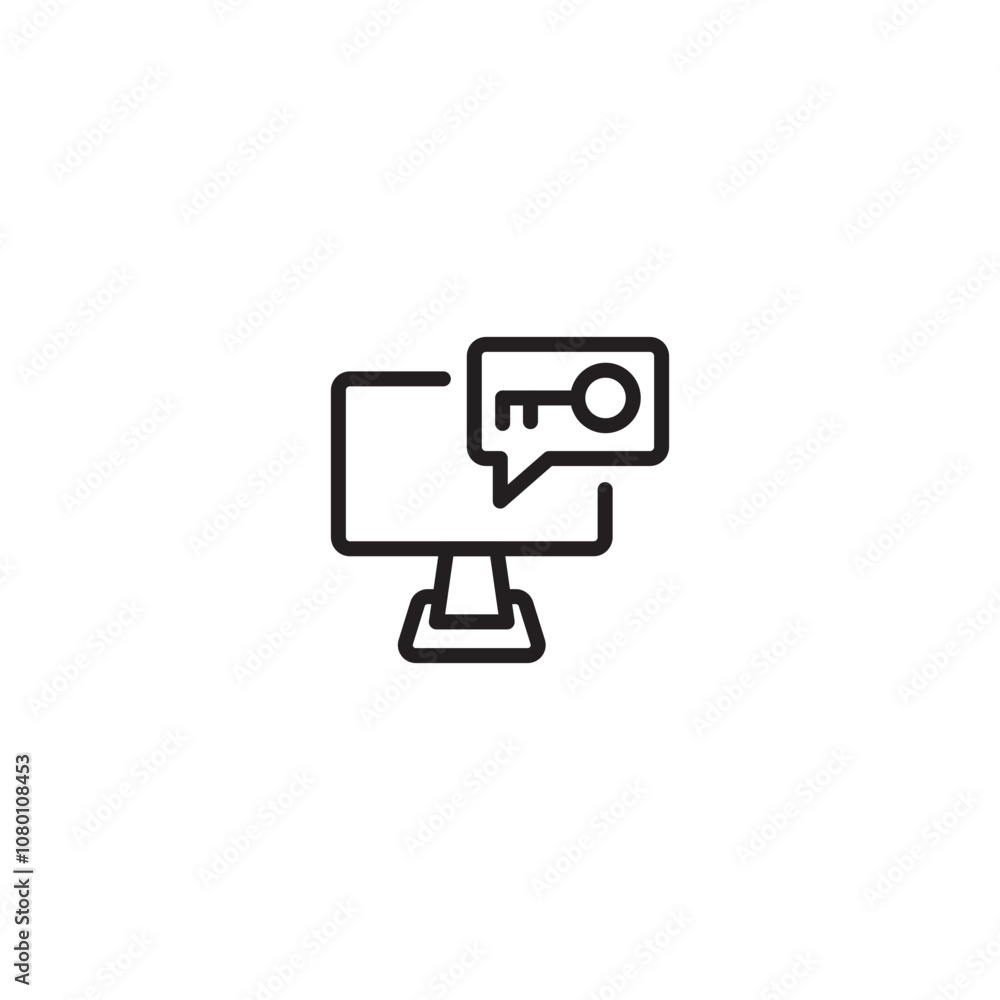 Private communication on icon. Computer monitor with a chat bubble containing a key icon, representing secure messaging. Editable icon. Private communication on icon. Computer monitor with a chat bubble containing a key icon, representing secure messaging. Editable icon.