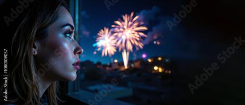 Reflective Portrait of Person Gazing at Fireworks with Nighttime Illumination photo