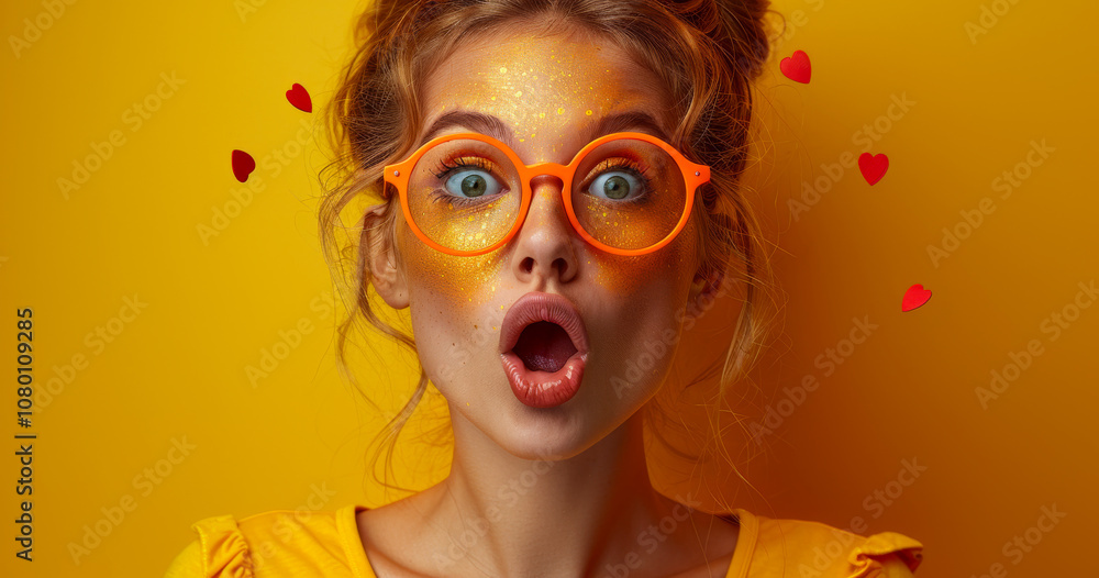 Surprised woman in vivid makeup. A woman with vibrant orange glasses shows surprise, with sparkles and hearts accentuating her playful makeup. Surprised woman in vivid makeup. A woman with vibrant orange glasses shows surprise, with sparkles and hearts accentuating her playful makeup.