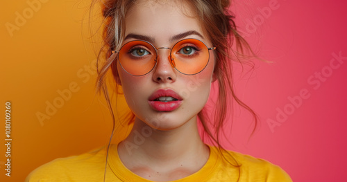 Wallpaper Mural Young woman in orange glasses. A woman wearing orange-tinted glasses poses in front of a vibrant yellow and pink backdrop, showcasing a stylish look. Torontodigital.ca