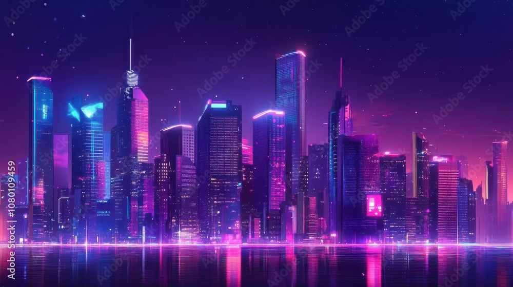 A vibrant, futuristic city skyline illuminated by neon lights and reflections on water. A vibrant, futuristic city skyline illuminated by neon lights and reflections on water.