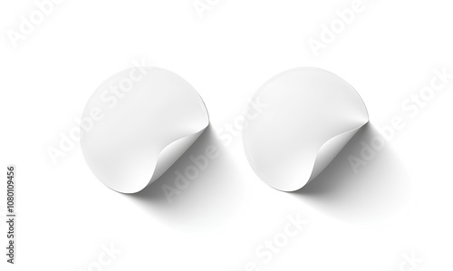 Blank white round adhesive stickers mock up with curved corner, 3d rendering. Empty circle sticky label mockup with curl. Clear adherent tag template for glass door or wall.