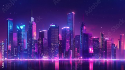 A vibrant, futuristic city skyline illuminated by neon lights and reflections on water.