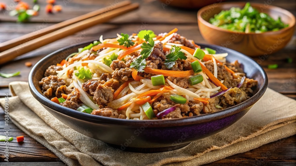 Delicious Eggroll Bowl, Coleslaw, Ground Beef Closeup - Architectural Photography Delicious Eggroll Bowl, Coleslaw, Ground Beef Closeup - Architectural Photography