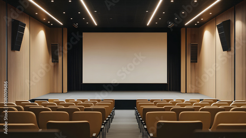 Modern Conference Hall with Elegant Design Featuring Spacious Seating Arrangements, a Large Projection Screen, and Ambient Lighting for Professional Events photo