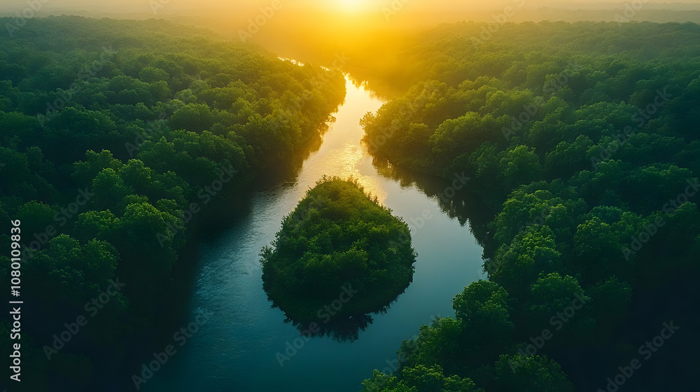 Aerial View of a River Cutting Through a Forest at Sunset Aerial View of a River Cutting Through a Forest at Sunset