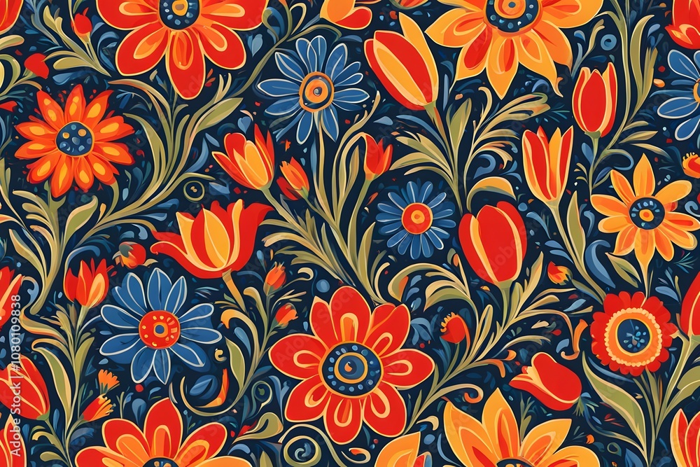 Seamless folk art floral pattern with stylized daisies tulips and swirls in bold primary colors, Ai Generated Seamless folk art floral pattern with stylized daisies tulips and swirls in bold primary colors, Ai Generated
