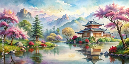 Watercolor Landscape of a Tranquil Asian Garden with Pagoda Reflecting in a Serene Lake Surrounded by Mountain Peaks and Blooming Cherry Trees