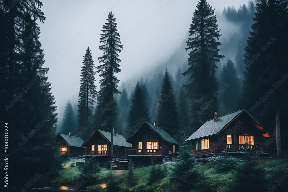 A foggy forest village with cabins nestled between towering pine trees, mist weaving through the branches, soft light filtering through the fog, a peaceful and secluded feel A foggy forest village with cabins nestled between towering pine trees, mist weaving through the branches, soft light filtering through the fog, a peaceful and secluded feel