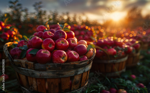 Sunset orchard with baskets of apples. Ripe red apples fill wooden baskets as the sun sets in a picturesque orchard, casting warm golden light.