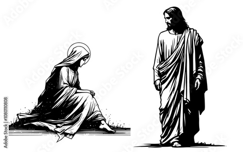 black and white religious artwork of jesus and a sacred moment