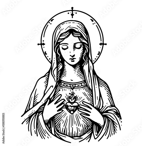 sacred heart of virgin mary detailed sketch black vector