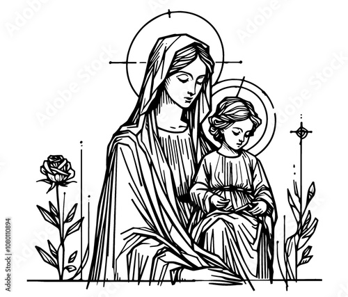 hand-drawn virgin mary black vector