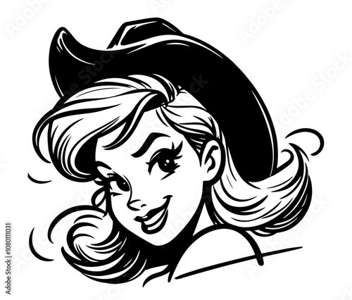 Retro pin-up cowgirl portrait in bold cartoon style – black vecto