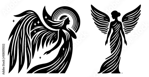 stylized monochrome depiction of an angel in flowing robes