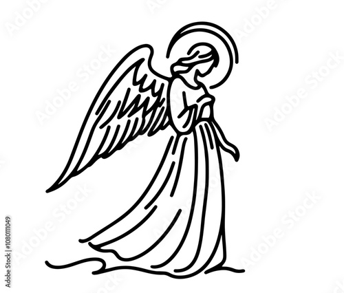 stylized monochrome depiction of an angel in flowing robes
