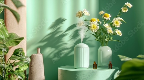 A pastel mint pedestal featuring a calming essential oil diffuser 