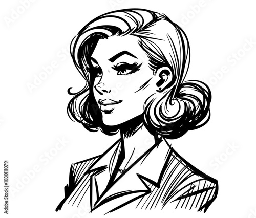 artistic sketch of stylish retro lady in black and white