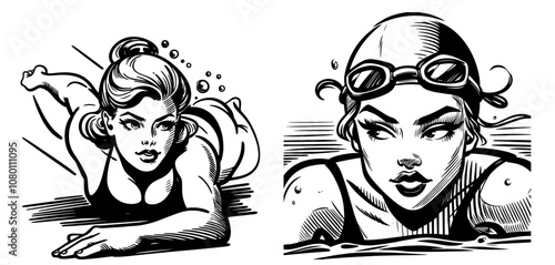 stylized monochrome designs featuring women swimming and in goggles