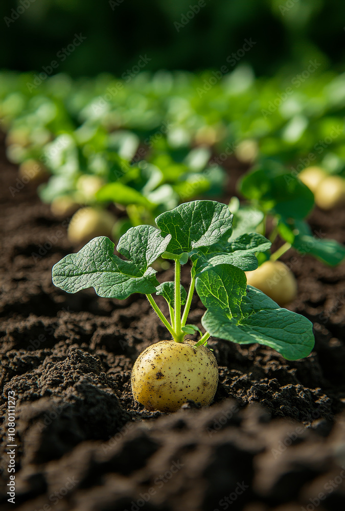 Sunlit potatoes in a fertile garden. A close-up view of young potato plants thriving in a garden, showcasing vibrant green leaves and ripe tubers. Sunlit potatoes in a fertile garden. A close-up view of young potato plants thriving in a garden, showcasing vibrant green leaves and ripe tubers.