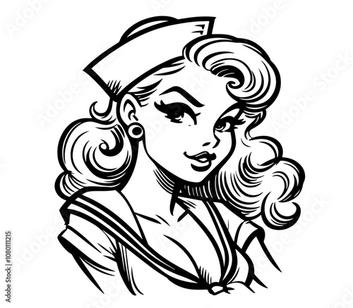 charming nautical-themed female character in retro black vector illustration photo