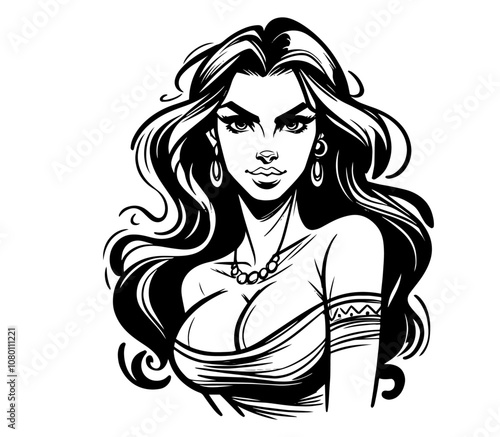 artistic sketch of stylish retro lady in black and white