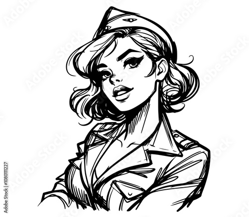artistic sketch of stylish retro lady in black and white