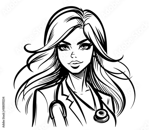 artistic sketch of stylish retro lady in black and white