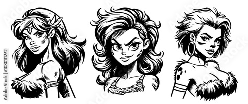 dynamic and expressive female portraits in wild cartoon black vector art