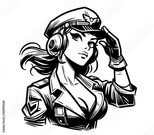 retro aviation-inspired pinup girl wearing classic hat black vector