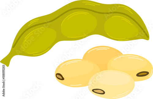 Raw soy, soybeans pods isolated vector set. Green fresh  bean husk with seeds and leaves, soya natural vegetable plant. Vector healthy food cartoon illustration soybeans, organic veggies, harvest