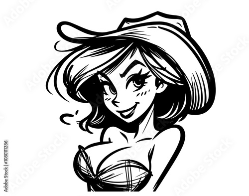 retro pinup cowgirl with hat and plaid shirt black vector