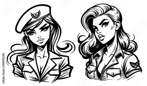 pinup-style female pilot portrait with detailed line art black vector