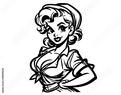 artistic sketch of stylish retro lady in black and white