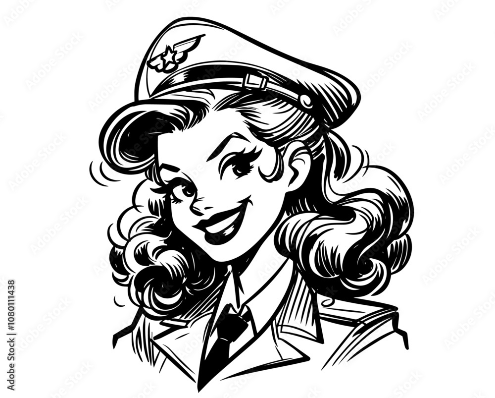 nostalgic aviator girl in uniform with charming smile black vector nostalgic aviator girl in uniform with charming smile black vector