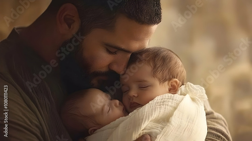 Father Holding Two Sleeping Babies - Photo