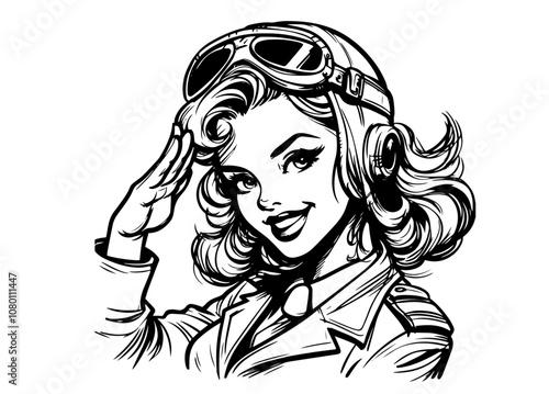 elegant pinup pilot girl with aviation cap and uniform black vector