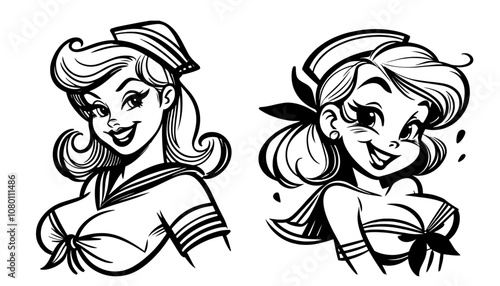 stylish sailor girl pinup illustrations in retro design black vector