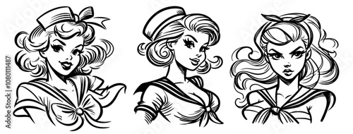 retro sailor girls with vintage hairstyles and outfits black vector