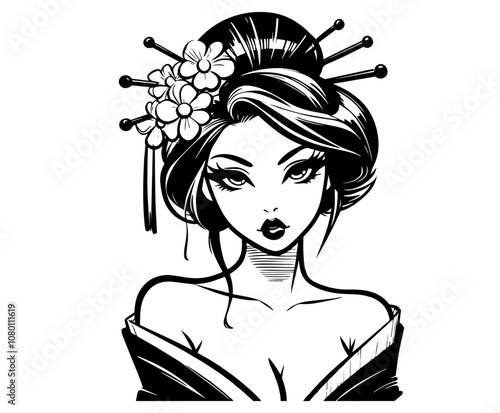 geisha portrait with traditional hairpins and floral decoration black vector