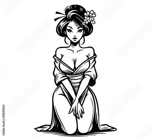 traditional japanese geisha with flowers in hair black vector design